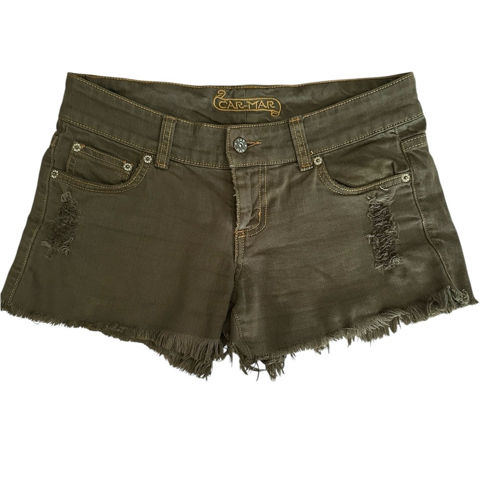LF Carmar Dark Olive Distressed Jean Shorts Frayed Hem